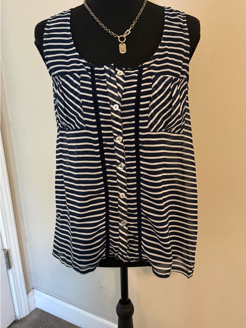 Xhilaration Navy and White Striped Sleeveless Button-Front Tank